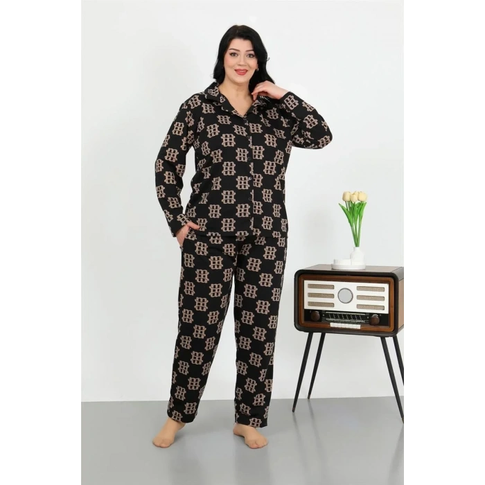 Moda Kadın Büyük Beden Pamuklu Cepli Düğmeli Siyah Pijama Takım