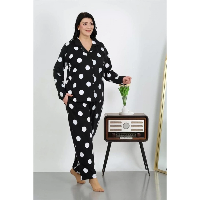 Moda Kadın Büyük Beden Pamuklu Cepli Düğmeli Siyah Pijama Takım