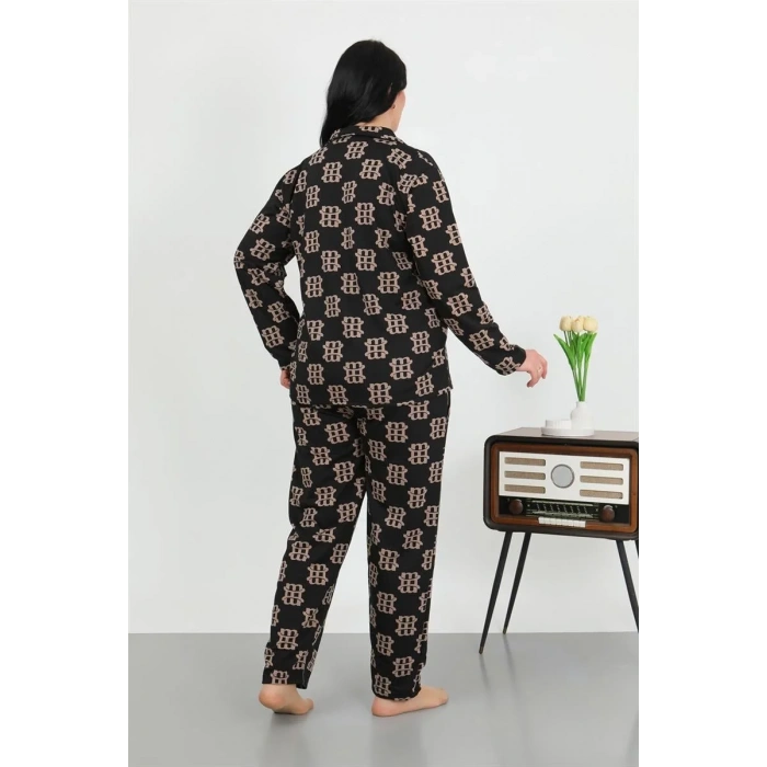 Moda Kadın Büyük Beden Pamuklu Cepli Düğmeli Siyah Pijama Takım