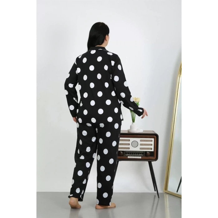 Moda Kadın Büyük Beden Pamuklu Cepli Düğmeli Siyah Pijama Takım