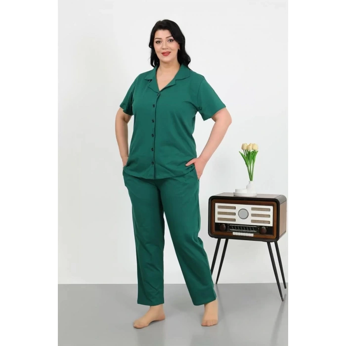 Moda Kadın Büyük Beden Pamuklu Cepli Düğmeli ZümrütYeşili Pijama Takım