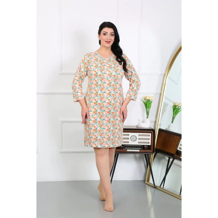 Moda Kadın Büyük Beden Penye Gecelik Ev Elbisesi Krem