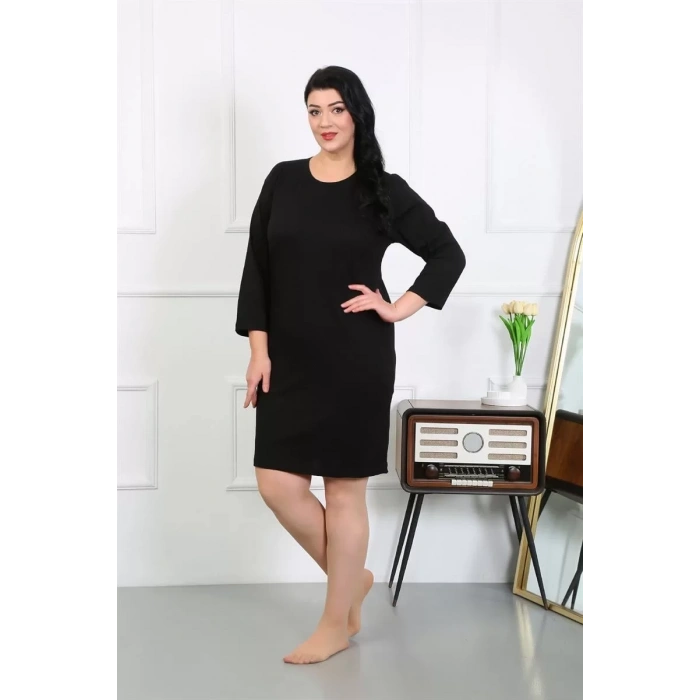 Moda Kadın Büyük Beden Penye Gecelik Ev Elbisesi Siyah