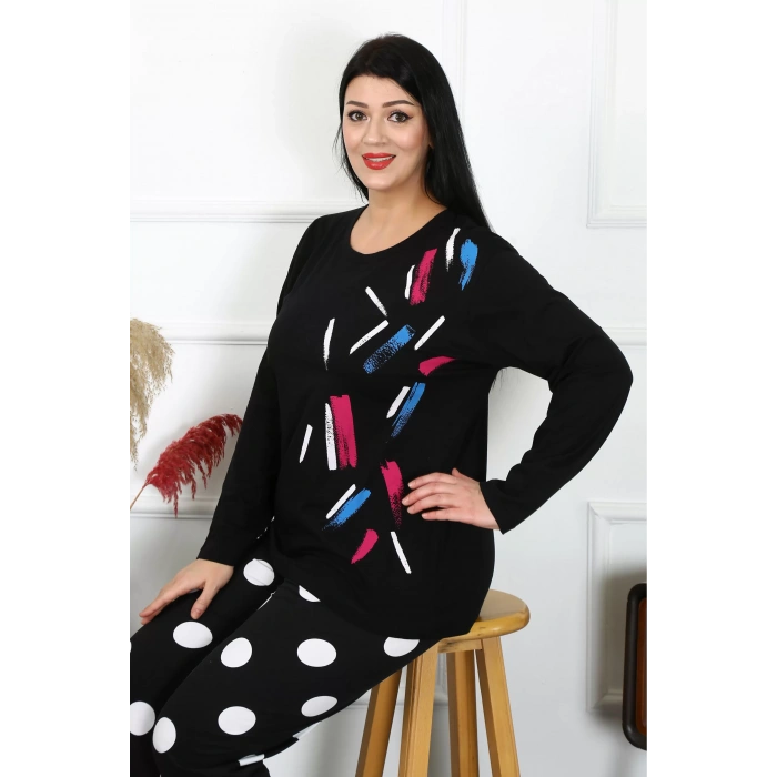 Moda Kadın Büyük Beden Penye Uzun Kol Pijama Takım