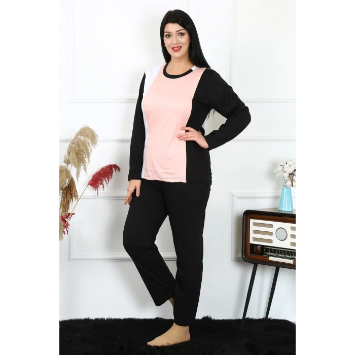Moda Kadın Büyük Beden Penye Uzun Kol Pijama Takım