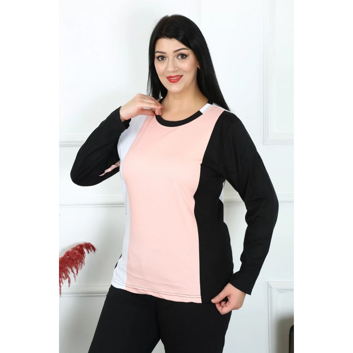 Moda Kadın Büyük Beden Penye Uzun Kol Pijama Takım