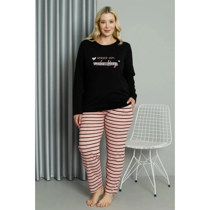 Moda Kadın Büyük Beden Penye Uzun Kol Pijama Takım Siyah