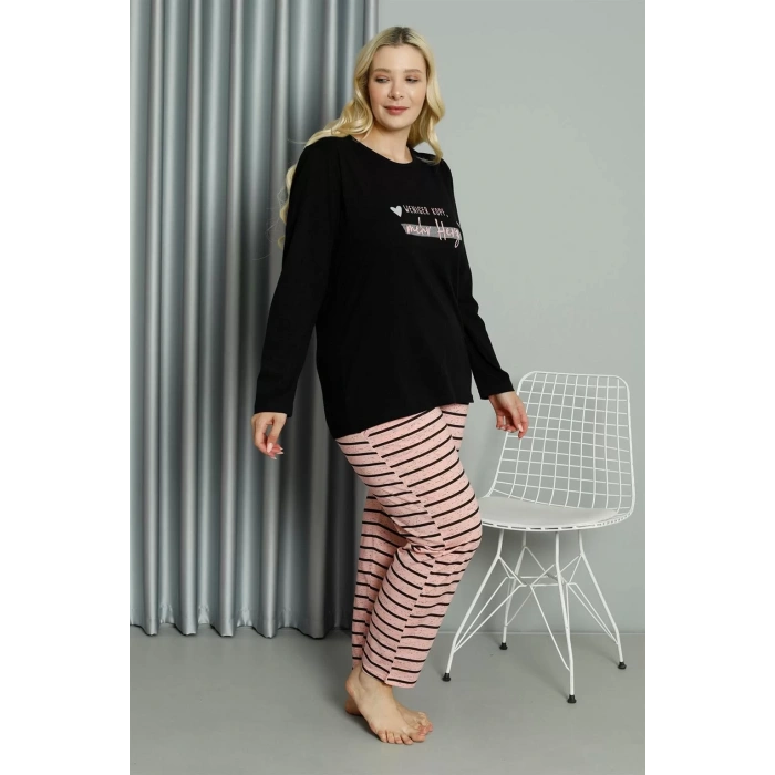 Moda Kadın Büyük Beden Penye Uzun Kol Pijama Takım Siyah