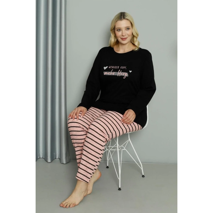 Moda Kadın Büyük Beden Penye Uzun Kol Pijama Takım Siyah