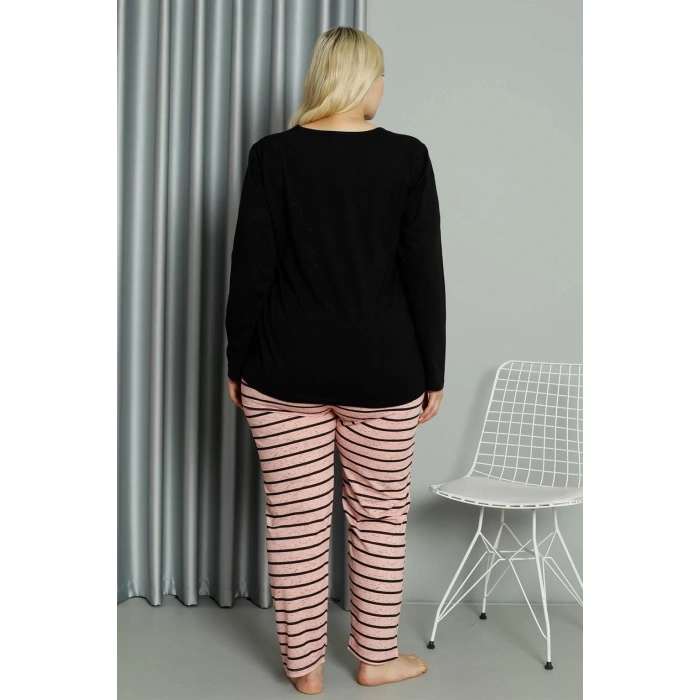 Moda Kadın Büyük Beden Penye Uzun Kol Pijama Takım Siyah