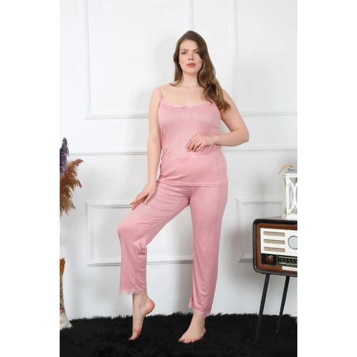 Moda Kadın Büyük Beden Pudra İp Askılı Pijama Takım