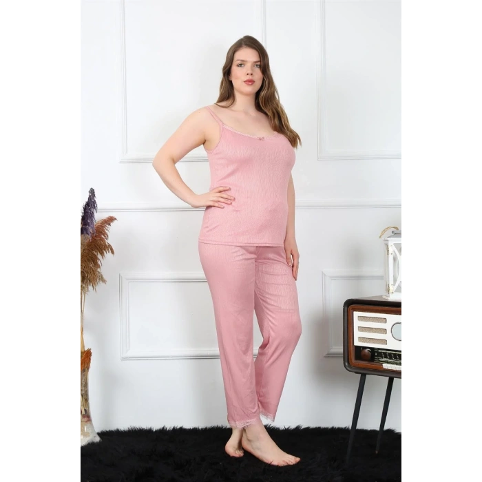 Moda Kadın Büyük Beden Pudra İp Askılı Pijama Takım