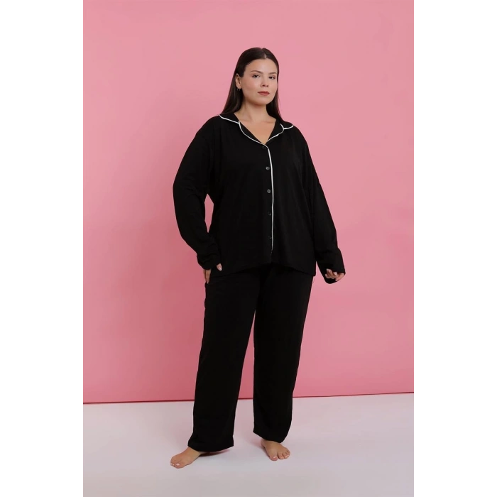 Moda Kadın Büyük Beden Siyah Düğmeli Pijama Takımı