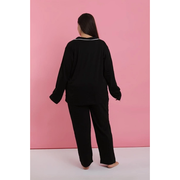 Moda Kadın Büyük Beden Siyah Düğmeli Pijama Takımı