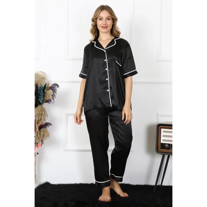 Moda Kadın Büyük Beden Siyah Saten Pijama Takımı