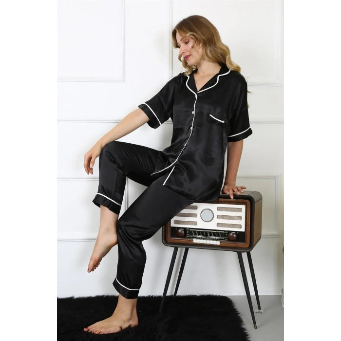 Moda Kadın Büyük Beden Siyah Saten Pijama Takımı