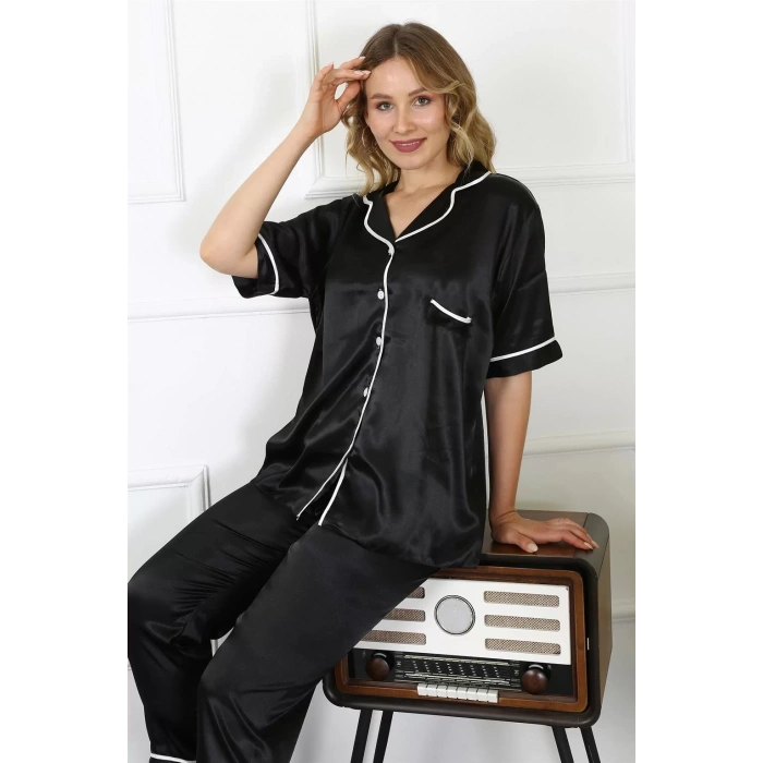 Moda Kadın Büyük Beden Siyah Saten Pijama Takımı