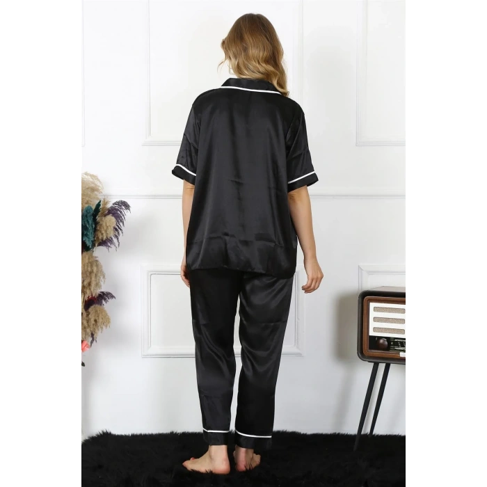 Moda Kadın Büyük Beden Siyah Saten Pijama Takımı