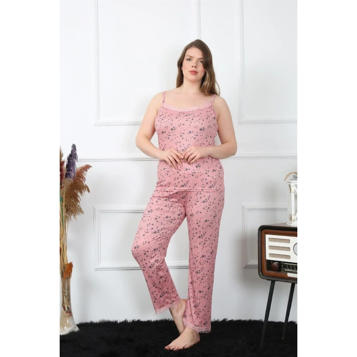 Moda Kadın Büyük Beden Somon İp Askılı Pijama Takım