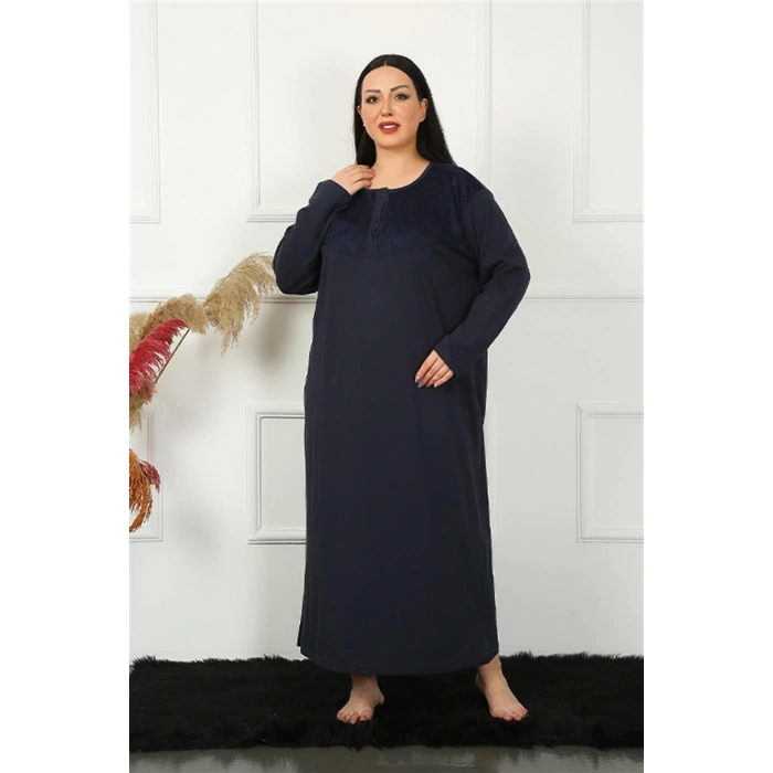 Moda Kadın Büyük Beden Uzun Kol Dantelli Lacivert Anne Gecelik