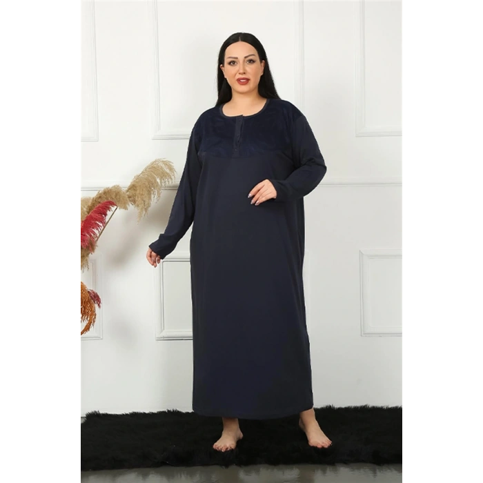 Moda Kadın Büyük Beden Uzun Kol Dantelli Lacivert Anne Gecelik
