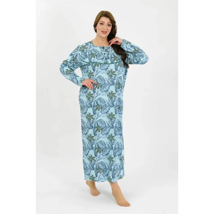 Moda Kadın Büyük Beden Uzun Kol Mavi Anne Gecelik