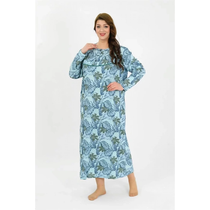 Moda Kadın Büyük Beden Uzun Kol Mavi Anne Gecelik