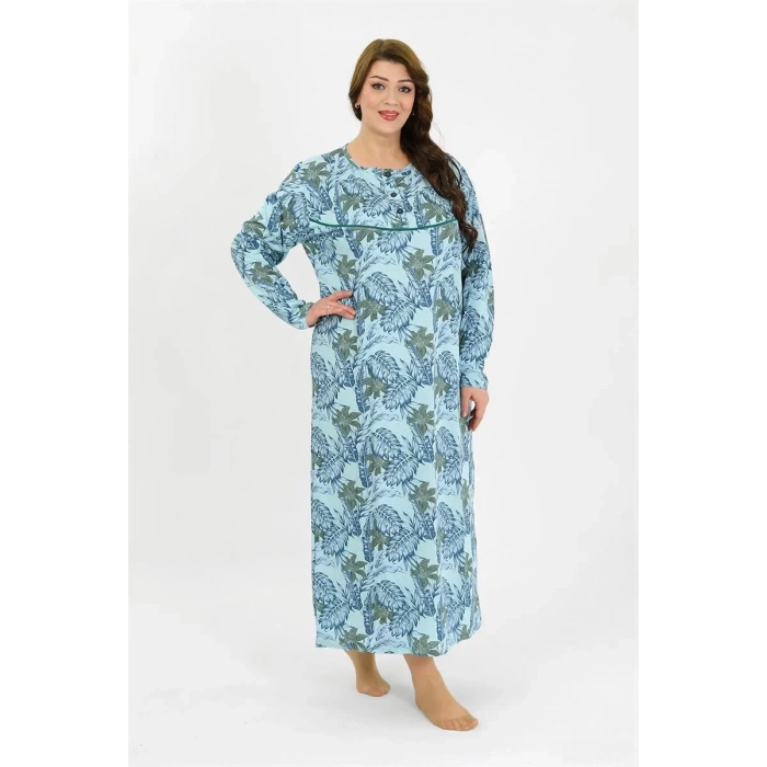 Moda Kadın Büyük Beden Uzun Kol Mavi Anne Gecelik