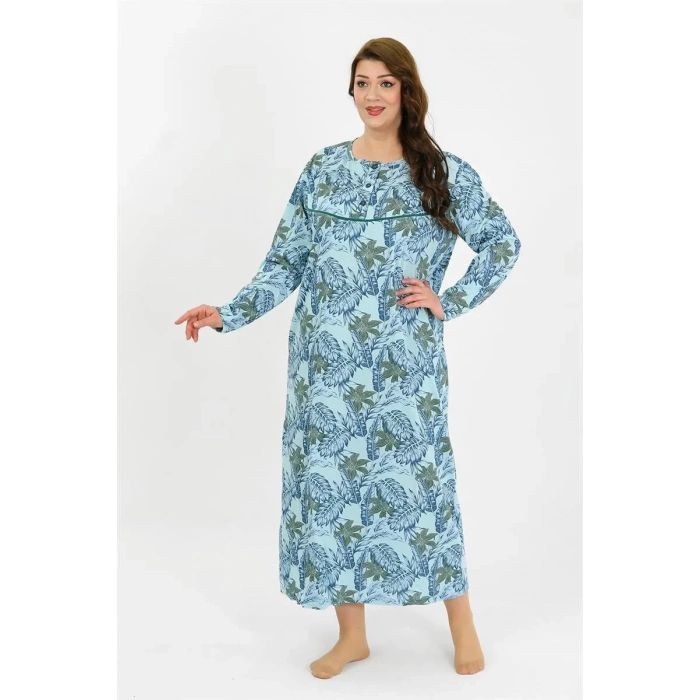 Moda Kadın Büyük Beden Uzun Kol Mavi Anne Gecelik