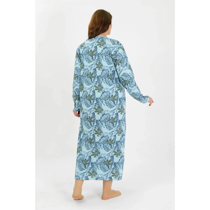 Moda Kadın Büyük Beden Uzun Kol Mavi Anne Gecelik