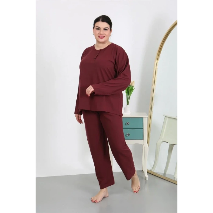 Moda Kadın Büyük Beden Uzun Kol Penye Pijama Takımı Bordo