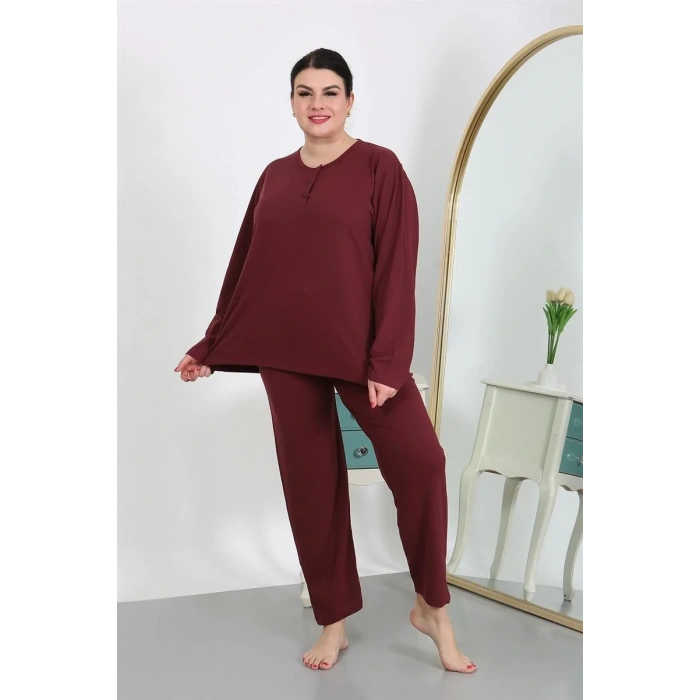 Moda Kadın Büyük Beden Uzun Kol Penye Pijama Takımı Bordo