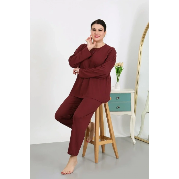 Moda Kadın Büyük Beden Uzun Kol Penye Pijama Takımı Bordo