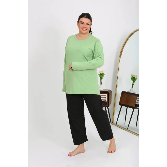 Moda Kadın Büyük Beden Uzun Kol Penye Pijama Takımı Fıstık Yeşili