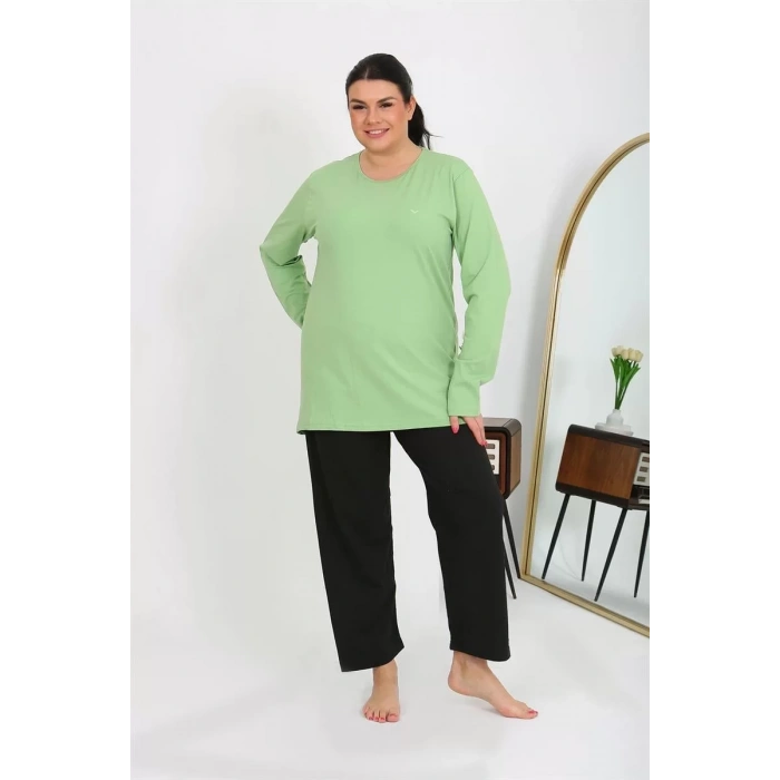 Moda Kadın Büyük Beden Uzun Kol Penye Pijama Takımı Fıstık Yeşili