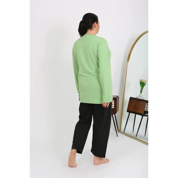 Moda Kadın Büyük Beden Uzun Kol Penye Pijama Takımı Fıstık Yeşili