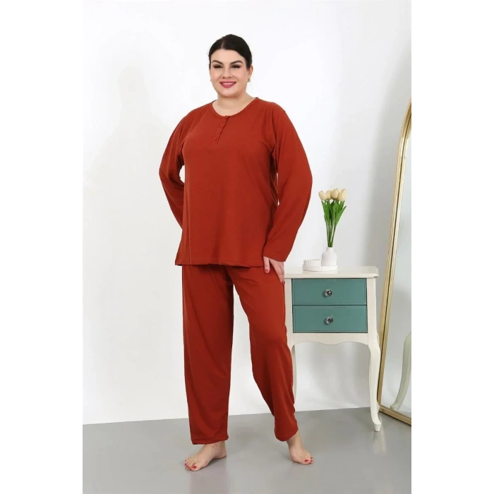 Moda Kadın Büyük Beden Uzun Kol Penye Pijama Takımı Kiremit