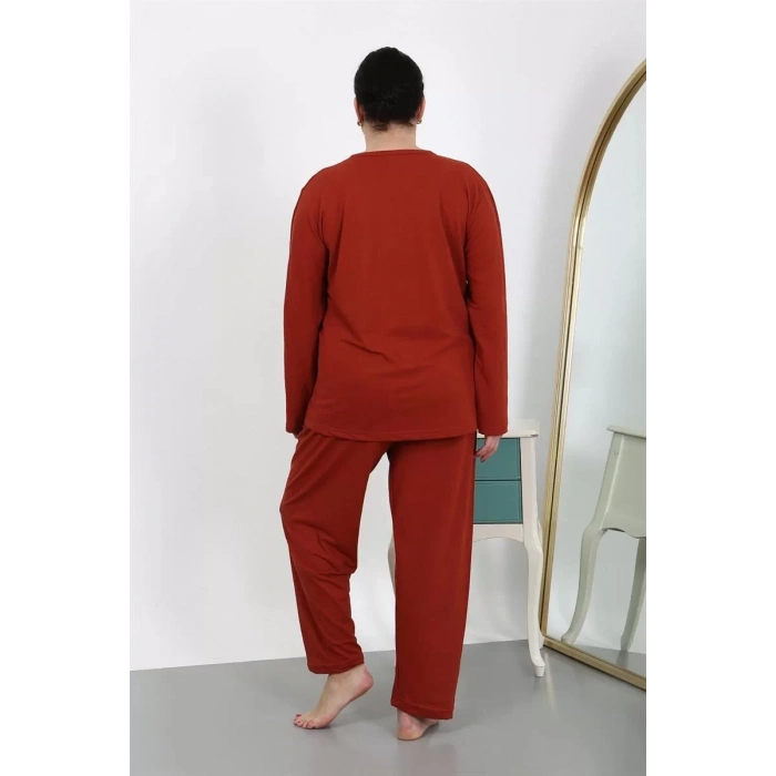 Moda Kadın Büyük Beden Uzun Kol Penye Pijama Takımı Kiremit