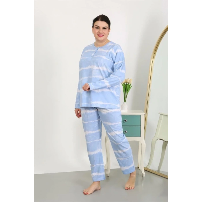 Moda Kadın Büyük Beden Uzun Kol Penye Pijama Takımı Mavi