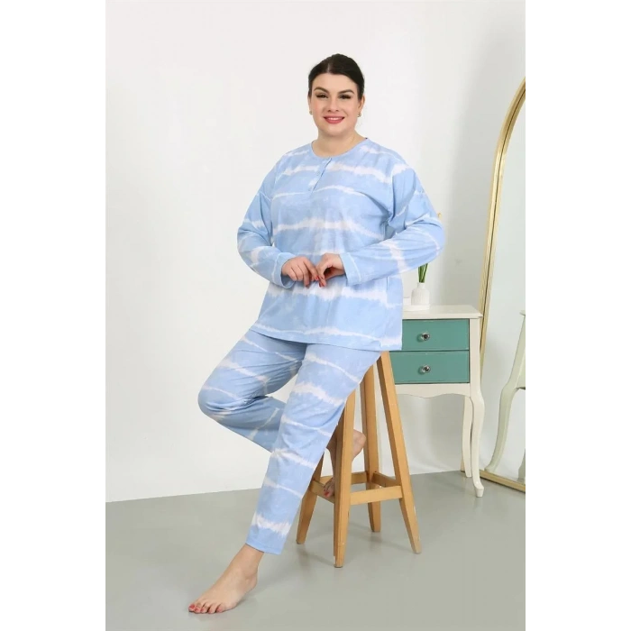 Moda Kadın Büyük Beden Uzun Kol Penye Pijama Takımı Mavi