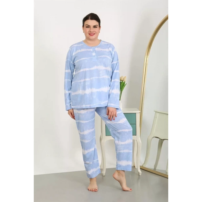 Moda Kadın Büyük Beden Uzun Kol Penye Pijama Takımı Mavi