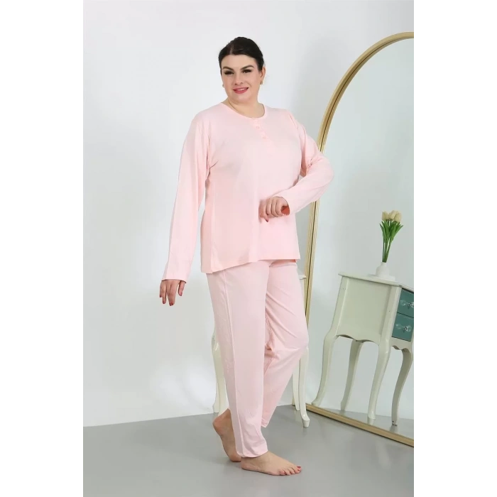 Moda Kadın Büyük Beden Uzun Kol Penye Pijama Takımı Pembe