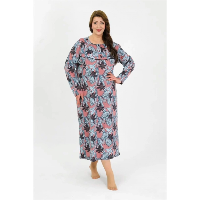 Moda Kadın Büyük Beden Uzun Kol Somon Anne Gecelik