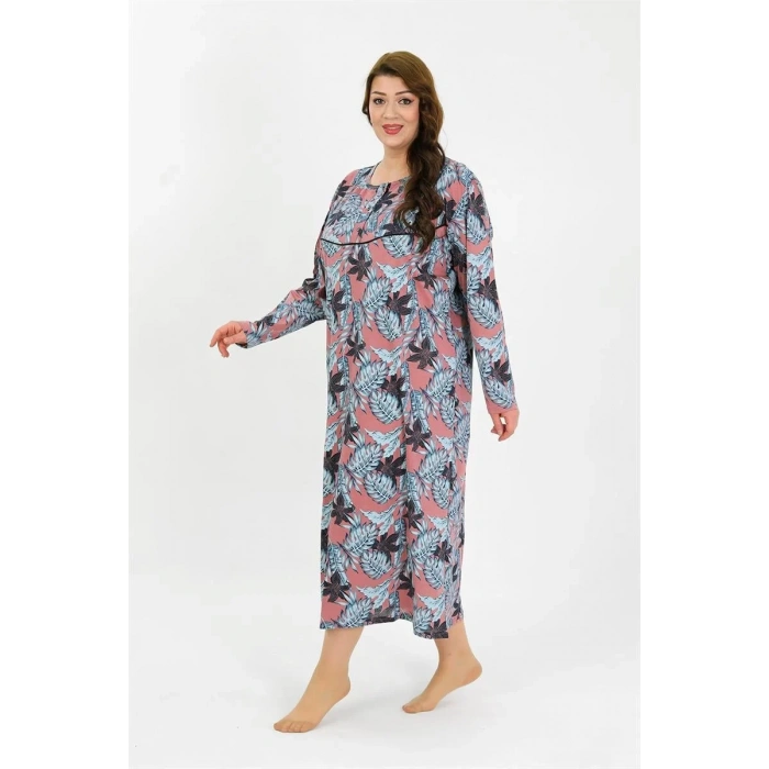 Moda Kadın Büyük Beden Uzun Kol Somon Anne Gecelik