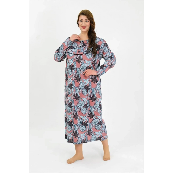 Moda Kadın Büyük Beden Uzun Kol Somon Anne Gecelik