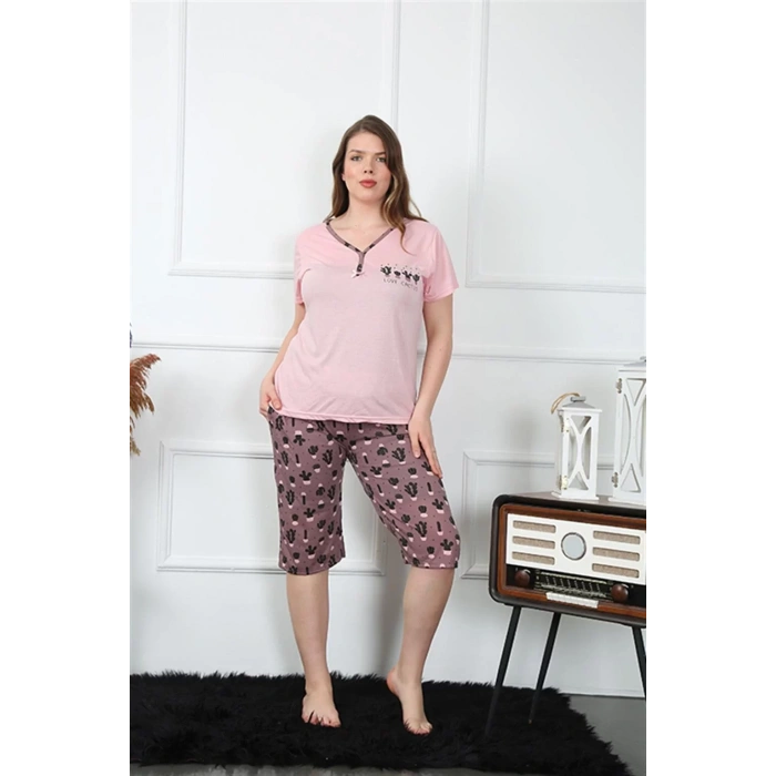 Moda Kadın Büyük Beden Viscon Kapri Pijama Takım Pembe