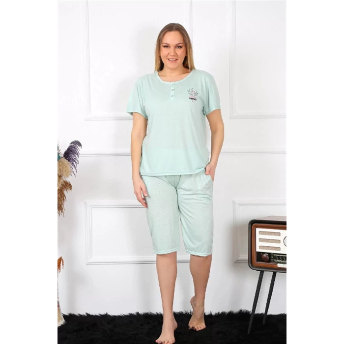 Moda Kadın Büyük Beden Viscon Su Yeşili Kapri Pijama Takım