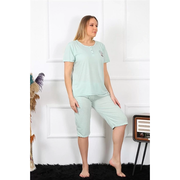 Moda Kadın Büyük Beden Viscon Su Yeşili Kapri Pijama Takım