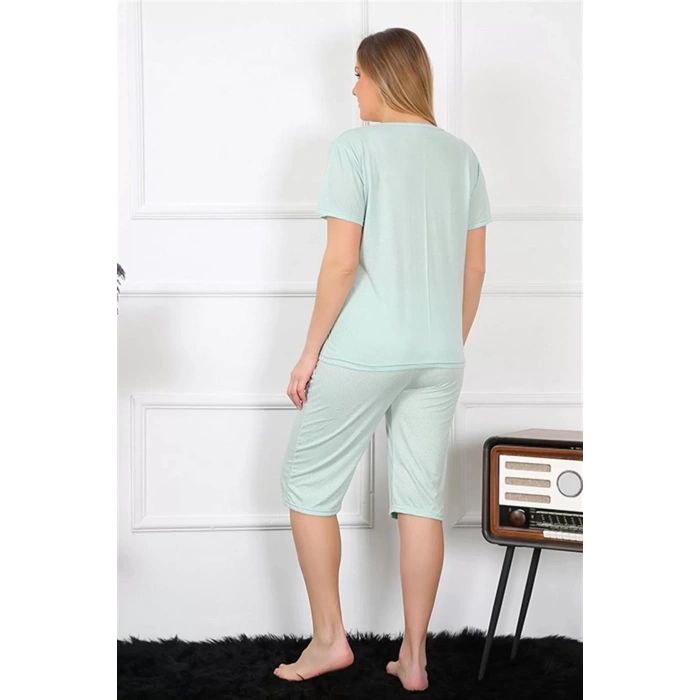 Moda Kadın Büyük Beden Viscon Su Yeşili Kapri Pijama Takım
