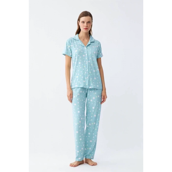 Moda Kadın Buz Mavisi Yıldız Desenli Önden Düğmeli Pijama Takımı